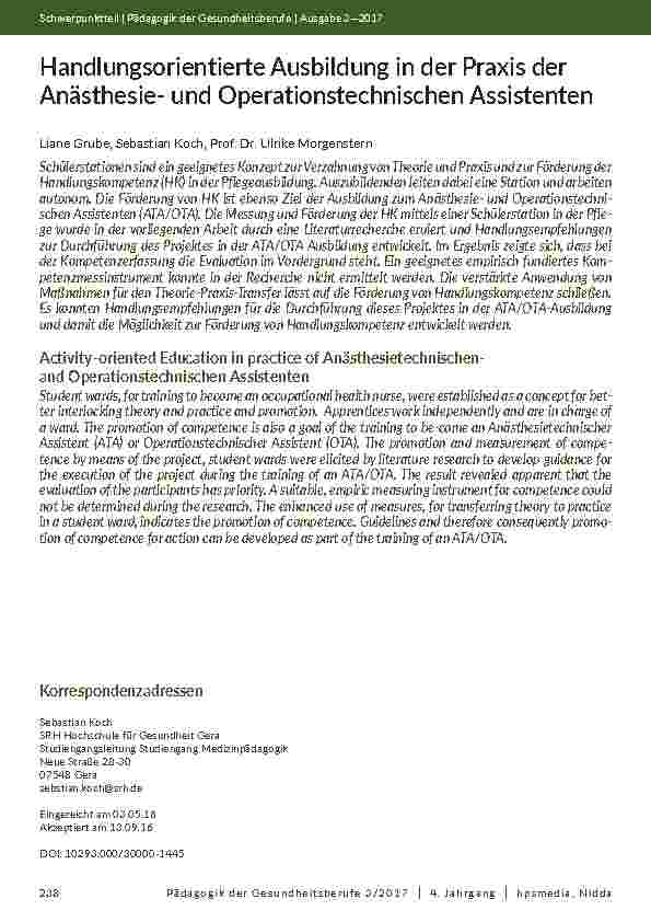 Handlungsorientierte Ausbildung in der Praxis der Anästhesieund Operationstechnischen Assistenten