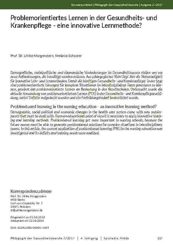 [doc_202034] Problemorientiertes Lernen in der Gesundheitsund Krankenpflege - eine innovative Lernmethode?