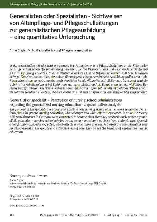 Generalisten oder Spezialisten - Sichtweisen von Altenpflegeund Pflegeschulleitungen zur generalistischen Pflegeausbildung – eine quantitative Untersuchung