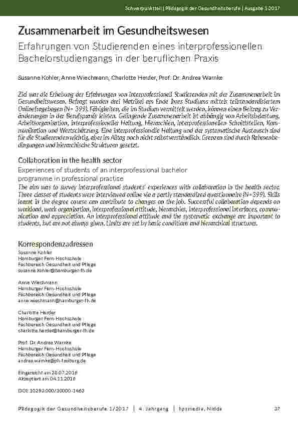 Zusammenarbeit im Gesundheitswesen. Erfahrungen von Studierenden eines interprofessionellen Bachelorstudiengangs in der beruflichen Praxis