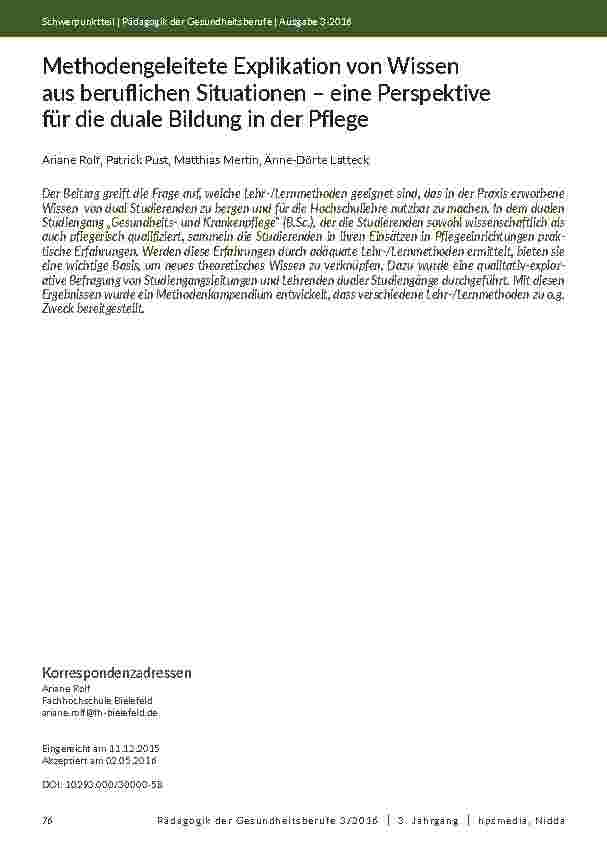 Methodengeleitete Explikation von Wissen aus beruflichen Situationen – eine Perspektive für die duale Bildung in der Pflege