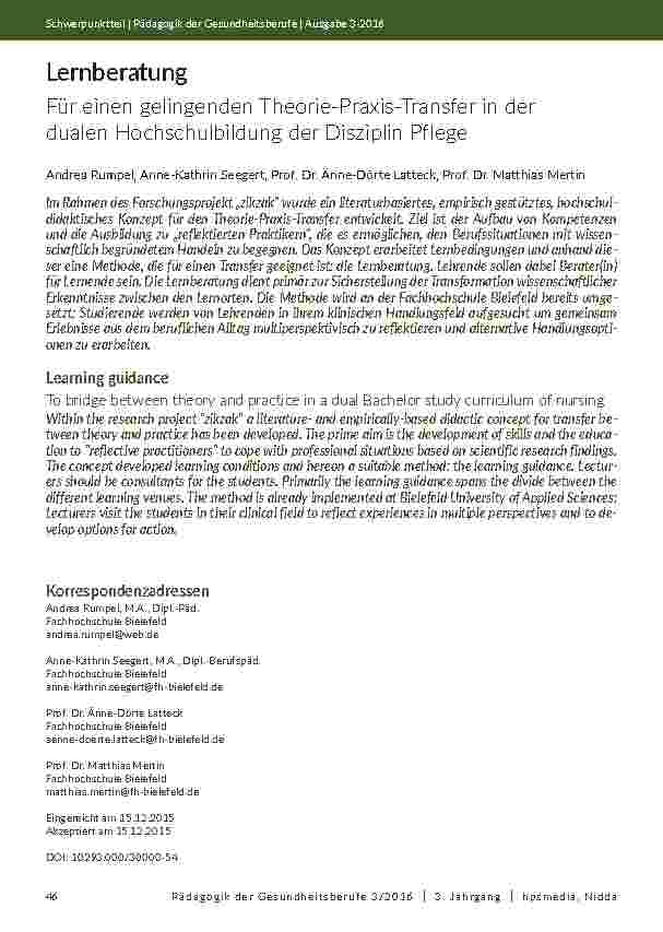 Lernberatung. Für einen gelingenden Theorie-Praxis-Transfer in der dualen Hochschulbildung der Disziplin Pflege