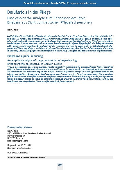 Berufsstolz in der Pflege: Eine empirische Analyse zum Phänomen des Stolzerlebens aus Sicht von deutschen Pflegefachpersonen