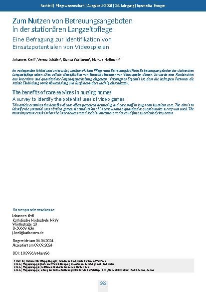 Zum Nutzen von Betreuungsangeboten in der stationären Langzeitpflege: Eine Befragung zur Identifikation von Einsatzpotentialen von Videospielen