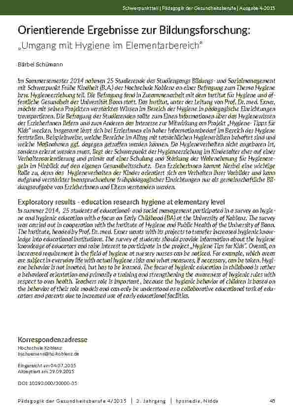 Orientierende Ergebnisse zur Bildungsforschung: „Umgang mit Hygiene im Elementarbereich“