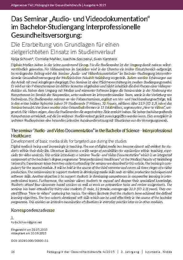 Das Seminar „Audiound Videodokumentation“ im Bachelor-Studiengang Interprofessionelle Gesundheitsversorgung: Die Erarbeitung von Grundlagen für einen zielgerichteten Einsatz im Studienverlauf