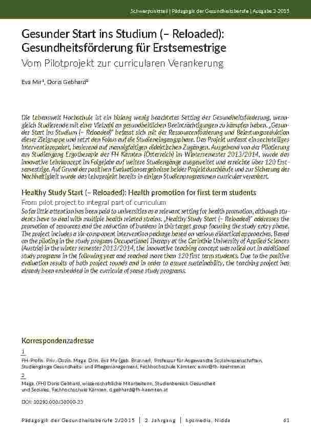 Gesunder Start ins Studium (– Reloaded): Gesundheitsförderung für Erstsemestrige - Vom Pilotprojekt zur curricularen Verankerung