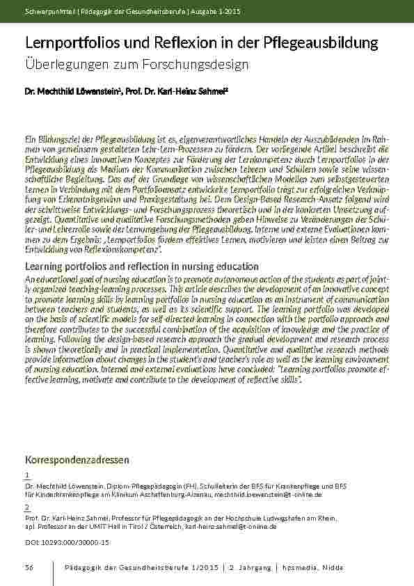 Lernportfolios und Reflexion in der Pflegeausbildung Überlegungen zum Forschungsdesign