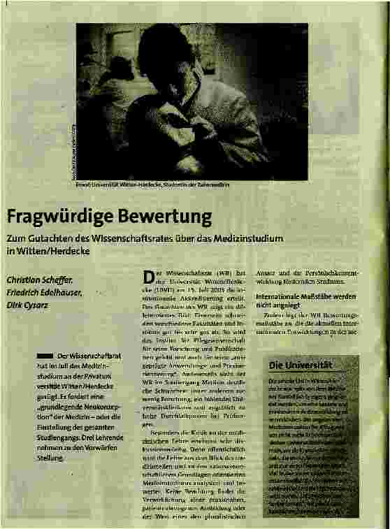 Fragwürdige Bewertung. Zum Gutachten des Wissenschaftsrates über das Medizinstudium in Witten/Herdecke