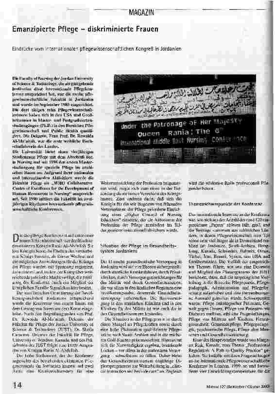 Emanzipierte Pflege - diskriminierte Frauen Eindrücke vom internationalen pflegewissenschaftlichen Kongreß in Jordanien