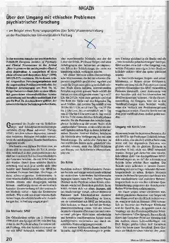 Über den Umgang mit ethischen Problemen psychiatrischer Forschung Am Beispiel eines Forschungsprojektes über Schlafphasenverschiebung