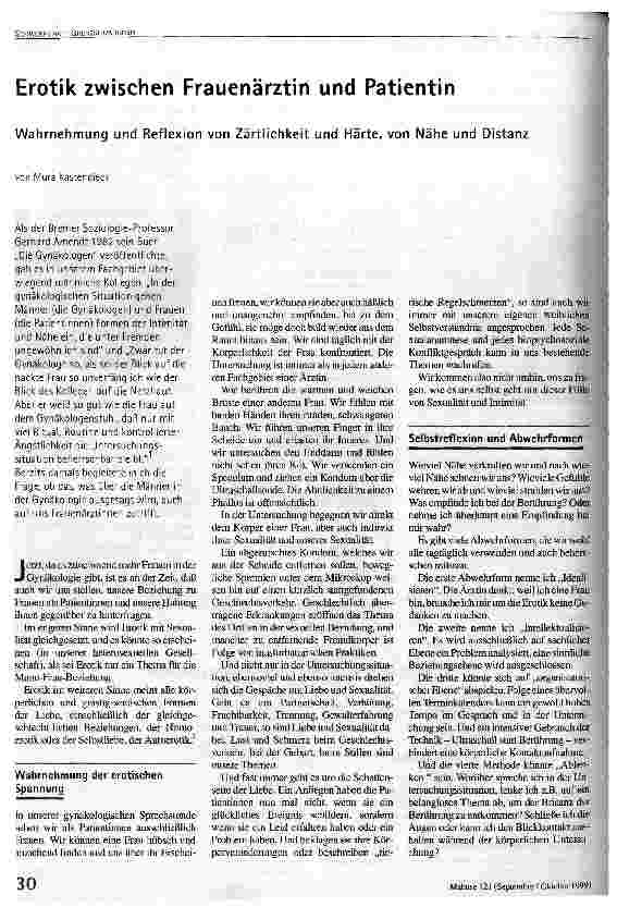 Erotik zwischen Frauenärztin und Patientin Wahrnehmung und Reflexion von Zärtichkeit und Härte, von Nähe und Distanz