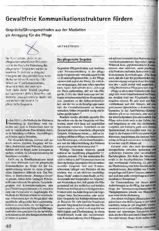 Gewaltfreie Kommunikationsstrukturen fördern Gesprächsführungsmethoden aus der Mediation als Anregung für die Pflege