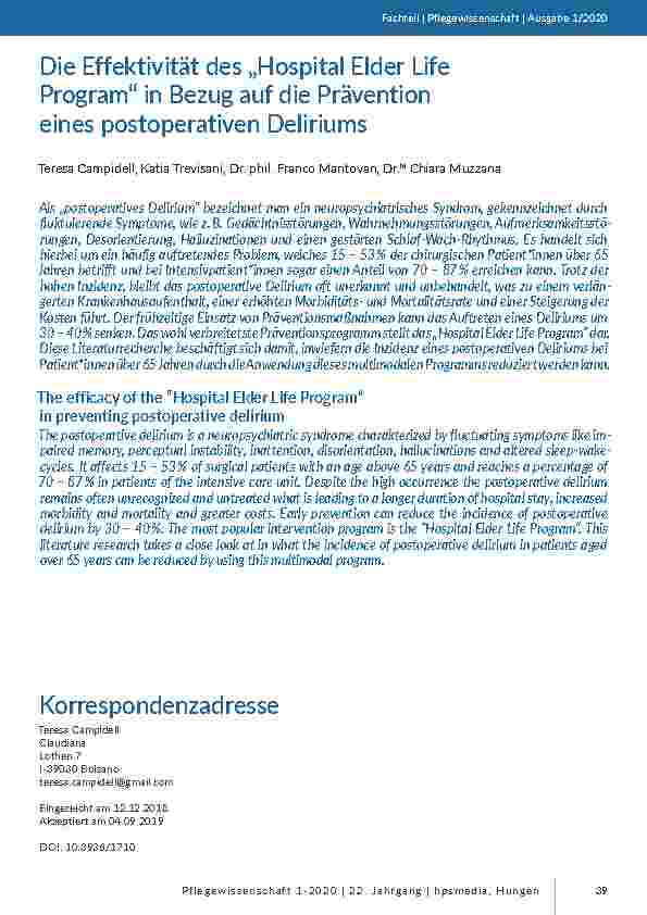Die Effektivität des „Hospital Elder Life Program“ in Bezug auf die Prävention eines postoperativen Deliriums
