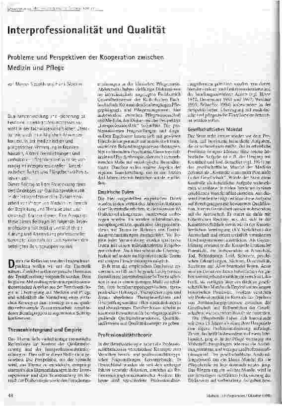 Interprofessionalität und Qualität Probleme und Perspektiven des Kooperation zwischen Medizin und Pflege