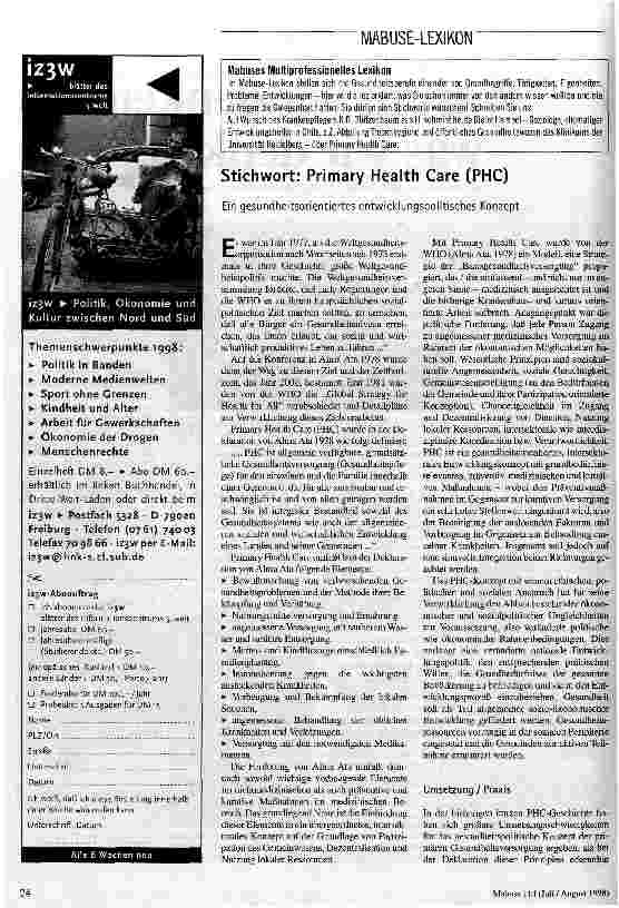 Mabuses Multiprofessionelles Lexikon: Stichwort: Primary Health Care (PHC) Ein gesundheitsorientiertes entwicklungspolitisches Konzept