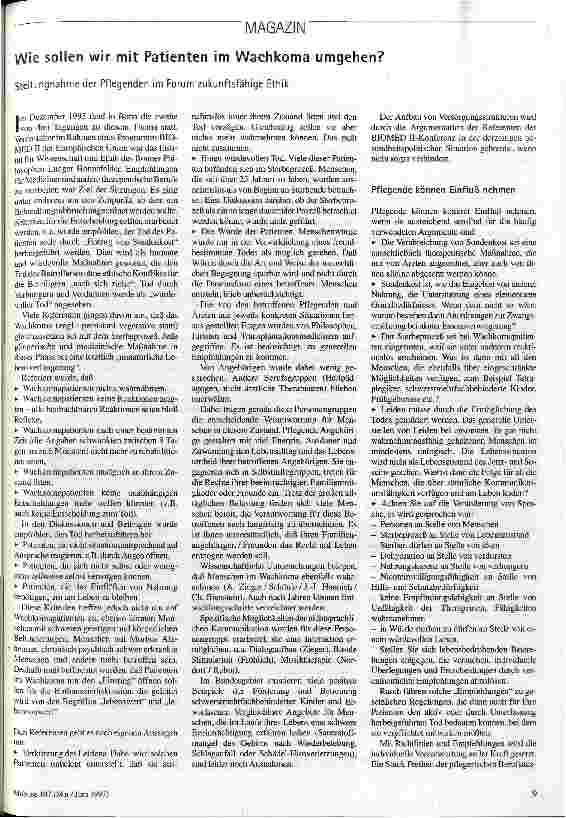 Wie sollen wir mit Patienten im Wachkoma umgehen? Stellungnahme der Pflegenden im Forum zukunftsfähige Ethik