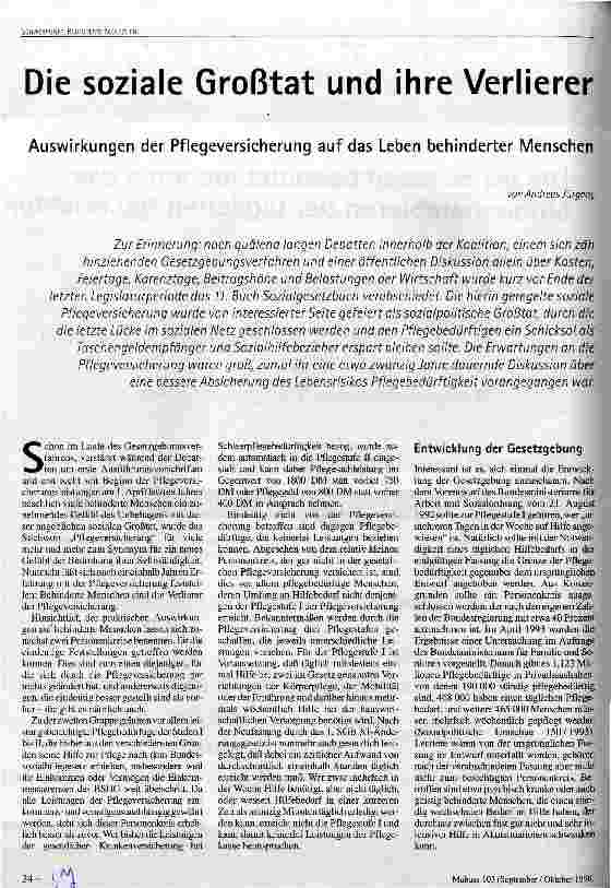 Die soziale Großtat und ihre Verlierer Auswirkungen der Pflegeversicherung auf das Leben behinderter Menschen