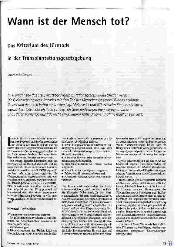 Wann ist der Mensch tot? Das Kriterium des Hirntods in der Transplantationsgesetzgebung