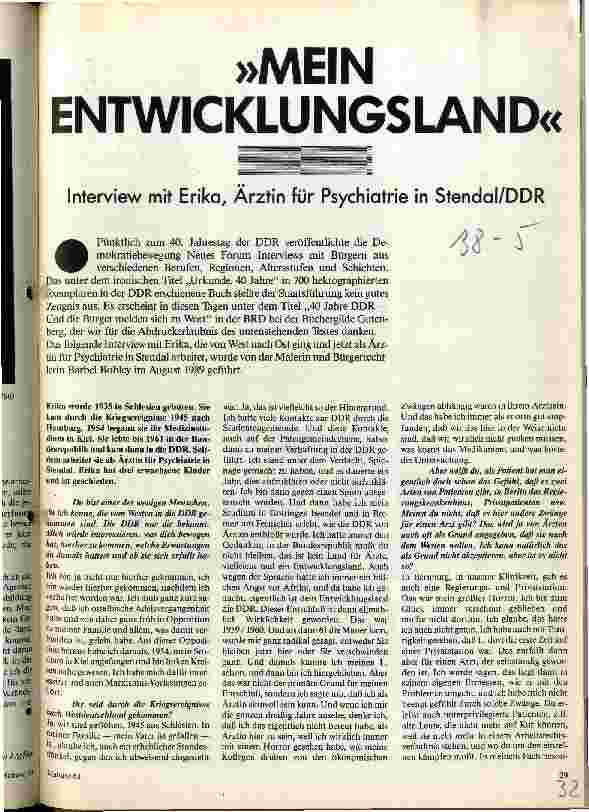 Mein Entwicklungsland Interview mit Erika, Ärztin für Psychiatrie in Stendal/DDR