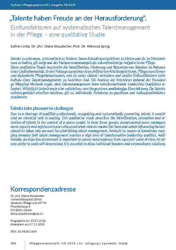 „Talente haben Freude an der Herausforderung“. Einflussfaktoren auf systematisches Talentmanagement in der Pflege ? eine qualitative Studie