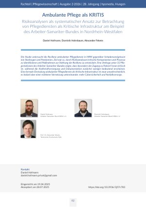 [doc_582127] Ambulante Pflege als KRITIS. Risikoanalysen als systematischer Ansatz zur Betrachtung von Pflegediensten als Kritische Infrastruktur am Beispiel des Arbeiter-Samariter-Bundes in Nordrhein-Westfalen