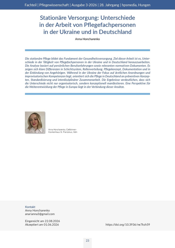 [doc_590178] Stationäre Versorgung: Unterschiede in der Arbeit von Pflegefachpersonen in der Ukraine und in Deutschland