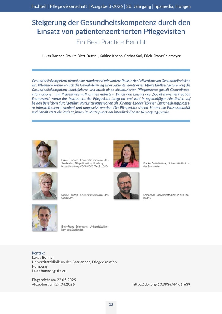[doc_590176] Steigerung der Gesundheitskompetenz durch den Einsatz von patientenzentrierten Pflegevisiten