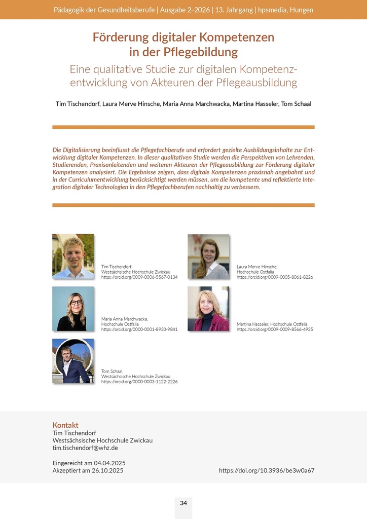 [doc_588856] Förderung digitaler Kompetenzen in der Pflegebildung. Eine qualitative Studie zur digitalen Kompetenzentwicklung von Akteuren der Pflegeausbildung