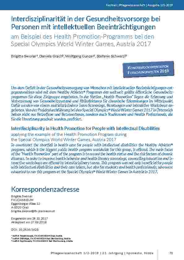 Interdisziplinarität in der Gesundheitsvorsorge bei Personen mit intellektuellen Beeinträchtigungen am Beispiel des Health Promotion-Programms bei den Special Olympics World Winter Games, Austria 2017