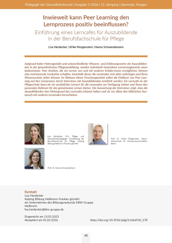 [doc_773029] Inwieweit kann Peer Learning den Lernprozess positiv beeinflussen? Einführung eines Lerncafés für Auszubildende in der Berufsfachschule für Pflege