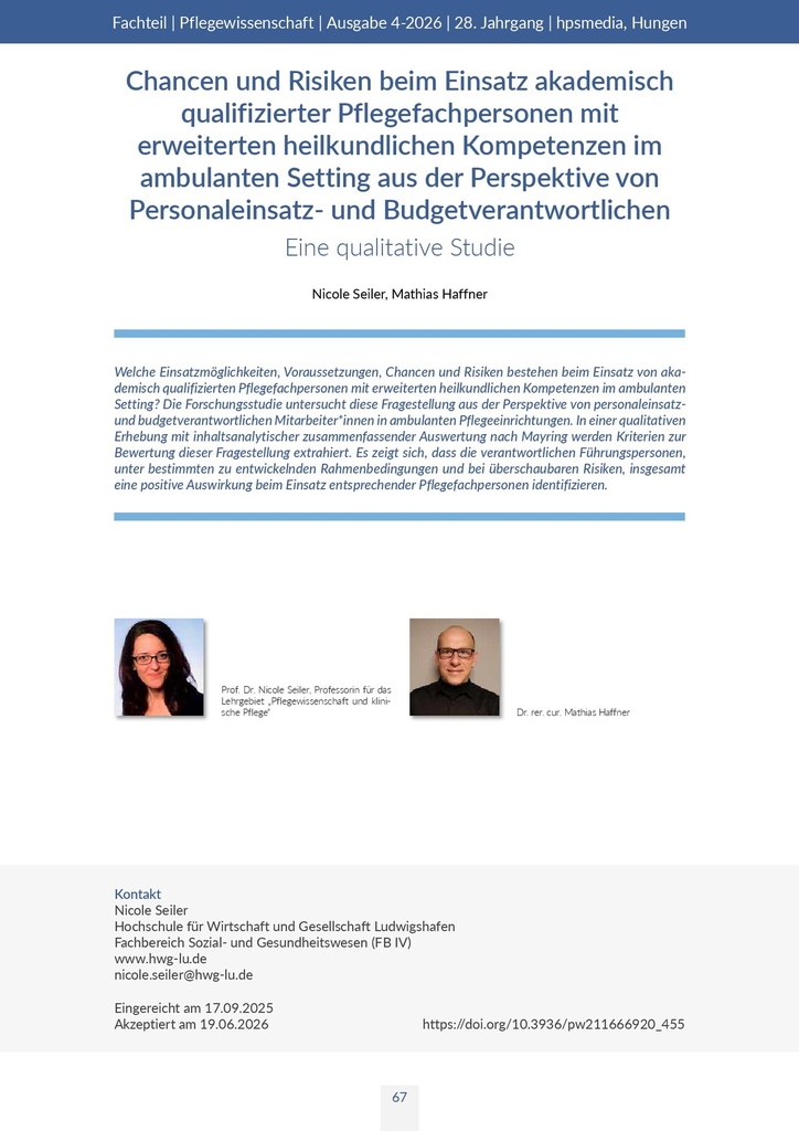 [doc_773562] Chancen und Risiken beim Einsatz akademisch qualifizierter Pflegefachpersonen mit erweiterten heilkundlichen Kompetenzen im ambulanten Setting aus der Perspektive von Personaleinsatz- und Budgetverantwortlichen