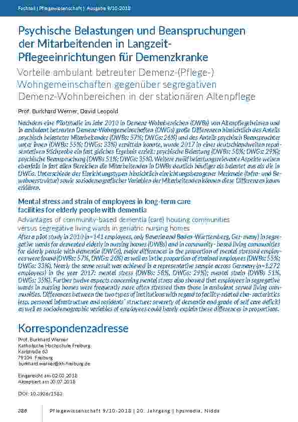 Psychische Belastungen und Beanspruchungen der Mitarbeitenden in Langzeit-Pflegeeinrichtungen für Demenzkranke. Vorteile ambulant betreuter Demenz-(Pflege-)Wohngemeinschaften gegenüber segregativen Demenz-Wohnbereichen in der stationären Altenpflege