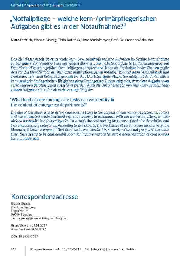 „Notfallpflege – welche kern-/primärpflegerischen Aufgaben gibt es in der Notaufnahme? “