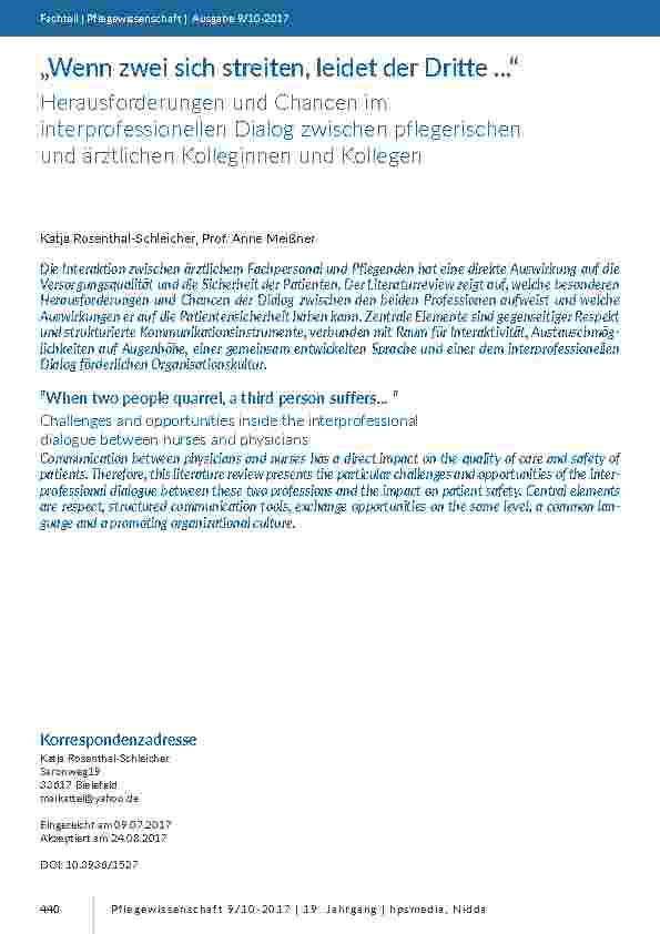 „Wenn zwei sich streiten, leidet der Dritte ...“. Herausforderungen und Chancen im interprofessionellen Dialog zwischen pflegerischen und ärztlichen Kolleginnen und Kollegen