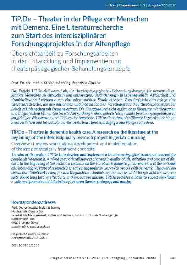 TiP.De – Theater in der Pflege von Menschen mit Demenz. Eine Literaturrecherche zum Start des interdisziplinären Forschungsprojektes in der Altenpflege