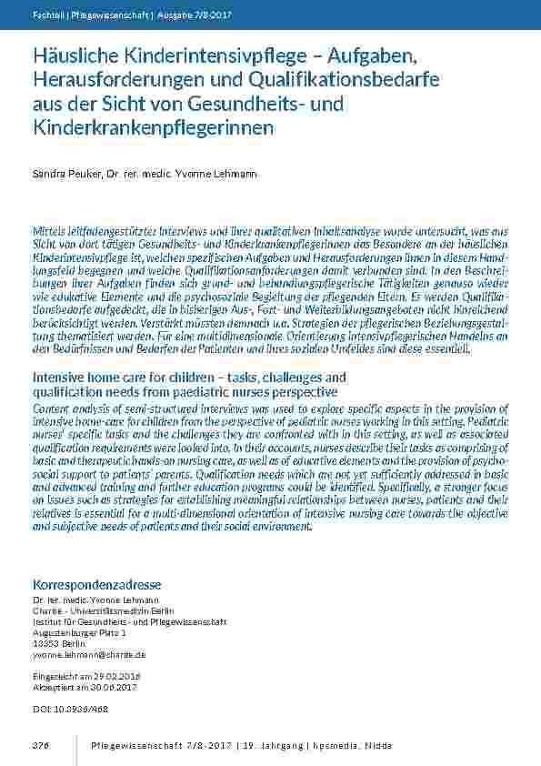 Häusliche Kinderintensivpflege – Aufgaben, Herausforderungen und Qualifikationsbedarfe aus der Sicht von Gesundheitsund Kinderkrankenpflegerinnen