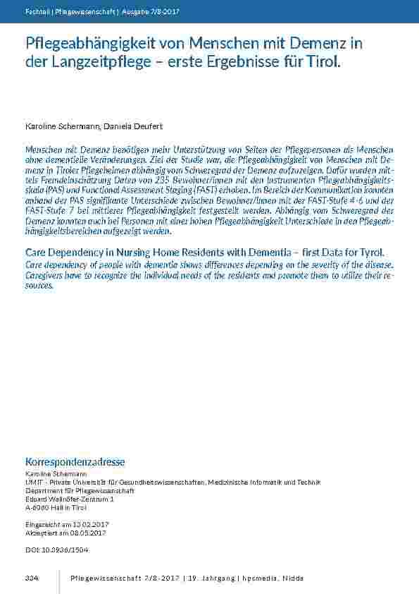 Pflegeabhängigkeit von Menschen mit Demenz in der Langzeitpflege – erste Ergebnisse für Tirol.
