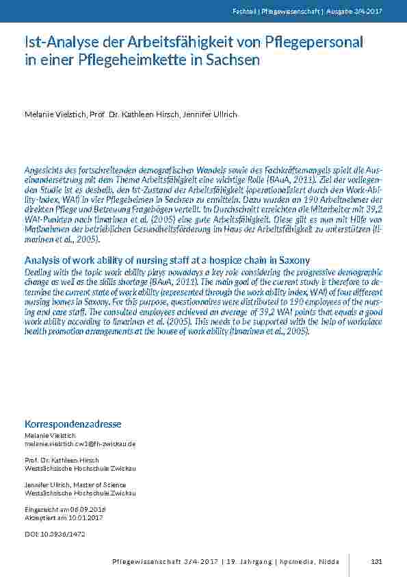 Ist-Analyse der Arbeitsfähigkeit von Pflegepersonal in einer Pflegeheimkette in Sachsen