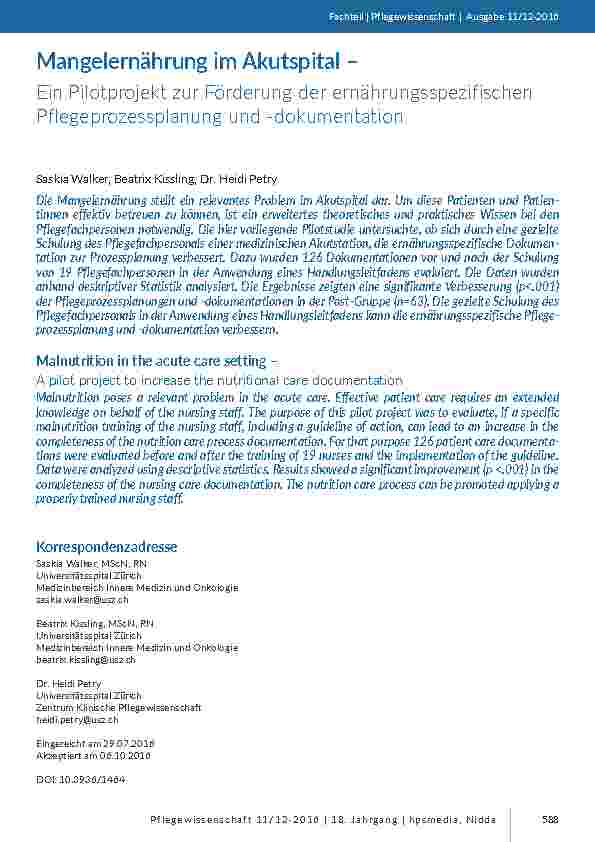 Mangelernährung im Akutspital – Ein Pilotprojekt zur Förderung der ernährungsspezifischen Pflegeprozessplanung und -dokumentation