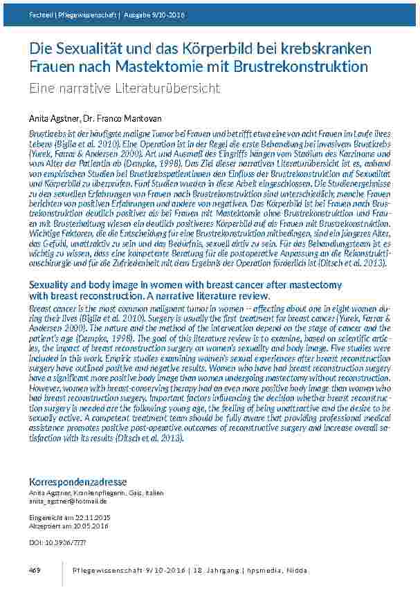Die Sexualität und das Körperbild bei krebskranken Frauen nach Mastektomie mit Brustrekonstruktion