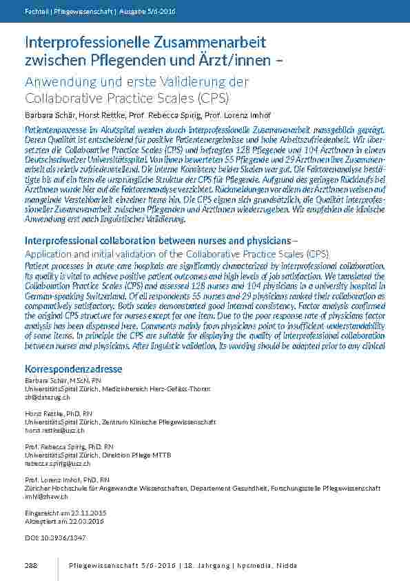 Interprofessionelle Zusammenarbeit zwischen Pflegenden und Ärzt/innen – Anwendung und erste Validierung der Collaborative Practice Scales (CPS)