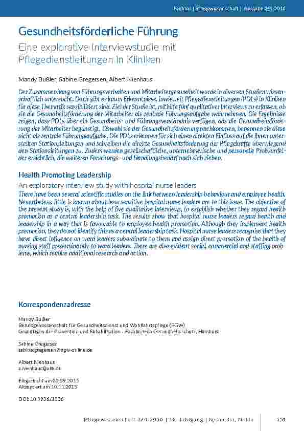 Gesundheitsförderliche Führung. Eine explorative Interviewstudie mit Pflegedienstleitungen in Kliniken