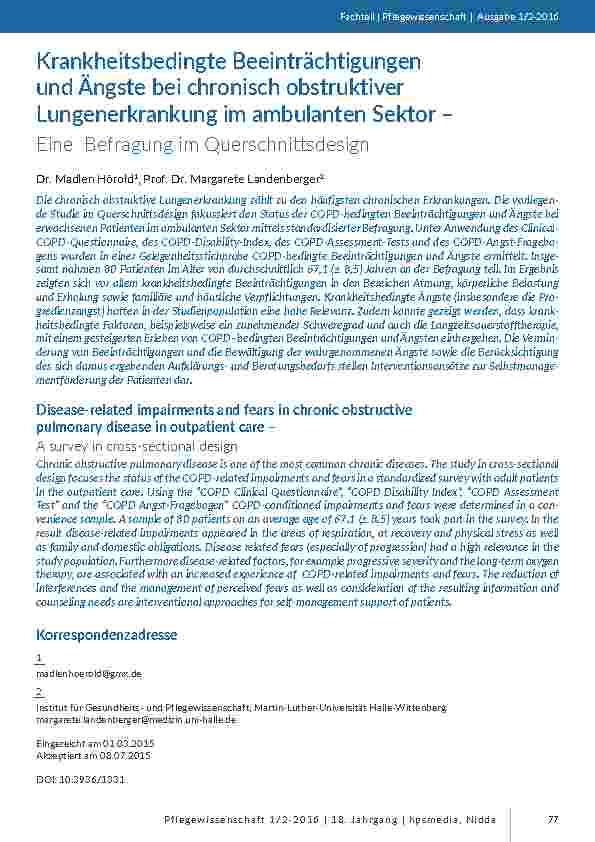 Krankheitsbedingte Beeinträchtigungen und Ängste bei chronisch obstruktiver Lungenerkrankung im ambulanten Sektor – Eine Befragung im Querschnittsdesign