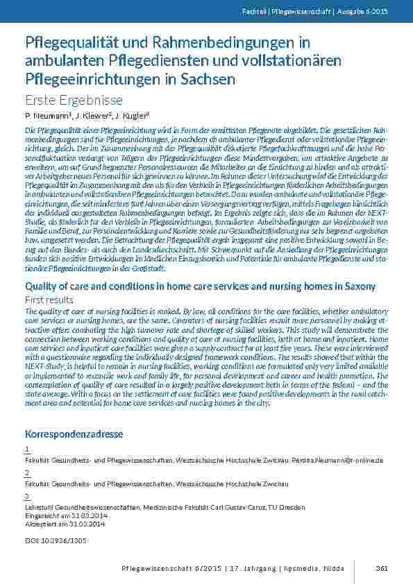 Pflegequalität und Rahmenbedingungen in ambulanten Pflegediensten und vollstationären Pflegeeinrichtungen in Sachsen