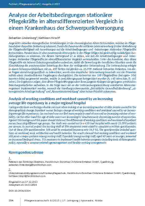 Analyse der Arbeitsbedingungen stationärer Pflegekräfte im altersdifferenzierten Vergleich in einem Krankenhaus der Schwerpunktversorgung