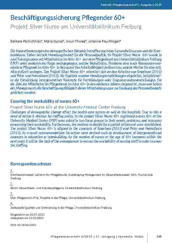 Beschäftigungssicherung Pflegender 60+. Projekt Silver Nurse am Universitätsklinikum Freiburg
