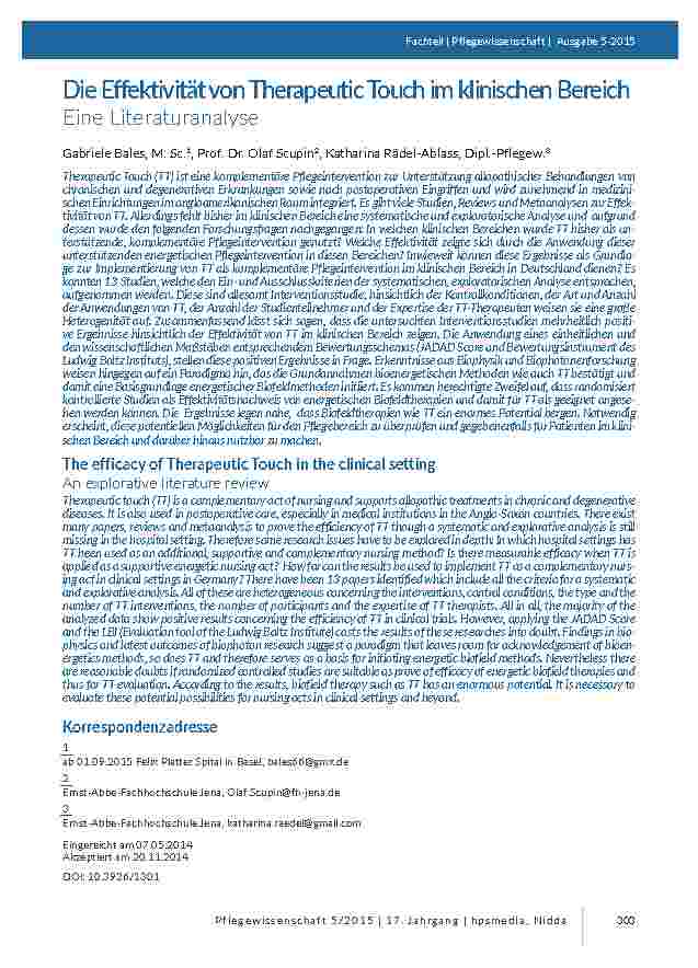 Die Effektivität von Therapeutic Touch im klinischen Bereich. Eine Literaturanalyse