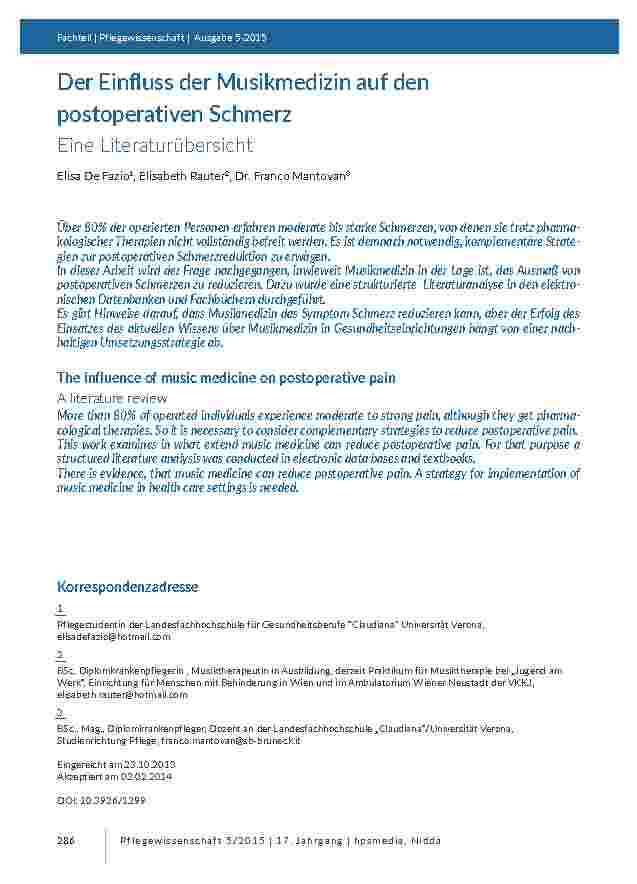 Der Einfluss der Musikmedizin auf den postoperativen Schmerz. Eine Literaturübersicht