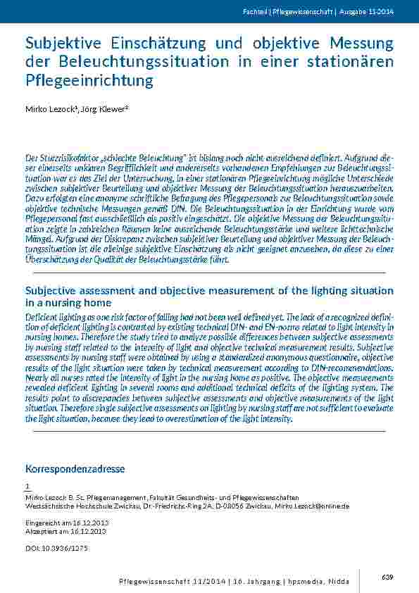 Subjektive Einschätzung und objektive Messung der Beleuchtungssituation in einer stationären Pflegeeinrichtung